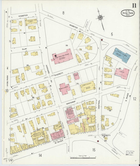 Sanborn Fire Insurance Map from Hyde Park, Norfolk County, Massachusetts (1911), Sheet #0011 - Historic Sanborn Fire Insurance Map Print, vintage old map wall art, antique decor, genealogy gift, Massachusetts Massachusetts map