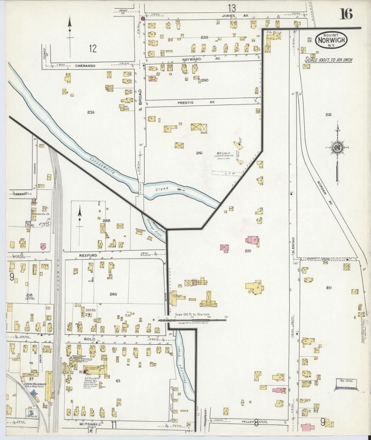 Sanborn Fire Insurance Map from Norwich, Chenango County, New York (1917), Sheet #0016 - Historic Sanborn Fire Insurance Map Print, vintage old map wall art, antique decor, genealogy gift, New York New York map