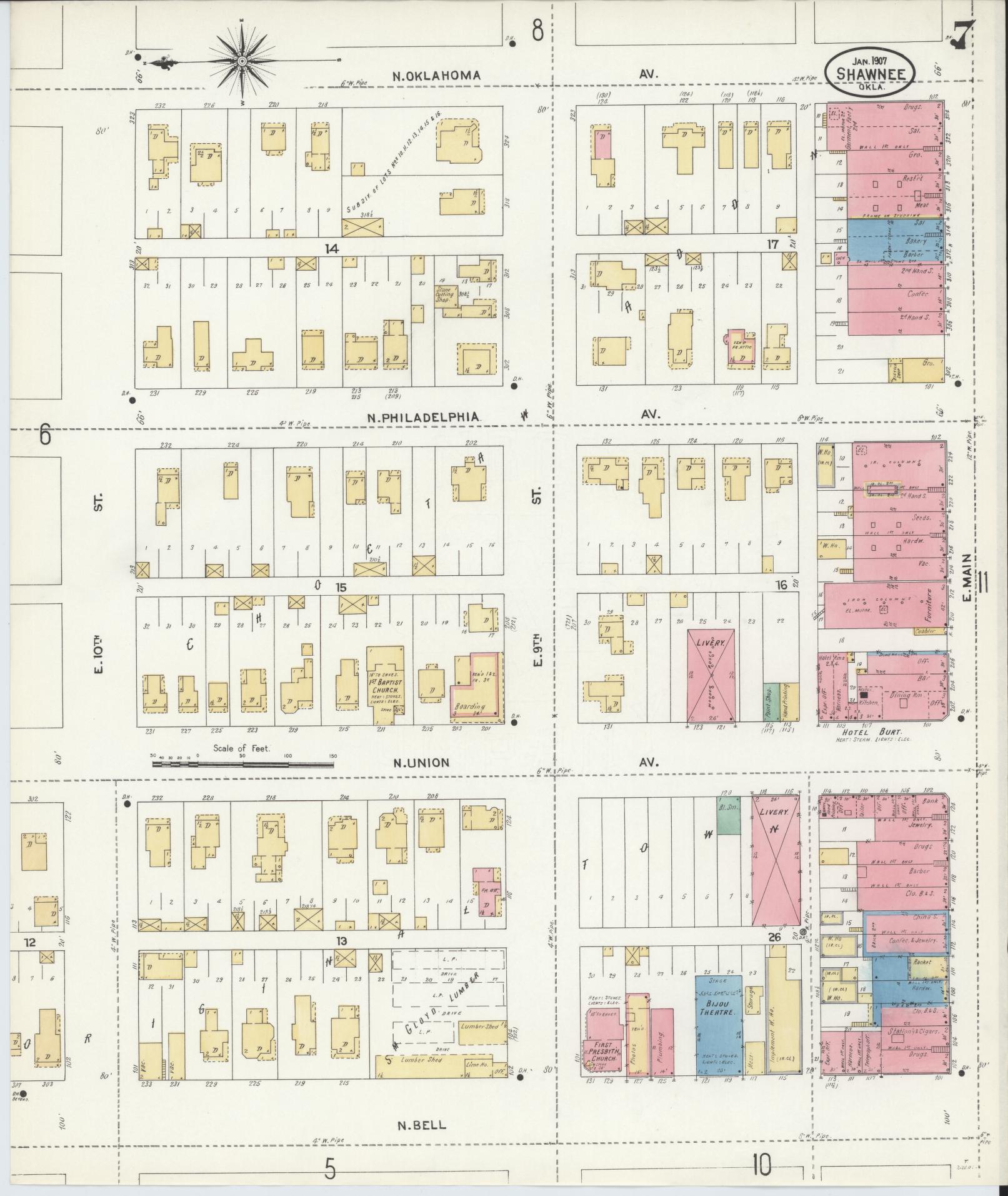 Sanborn Fire Insurance Map from Shawnee, Pottawatomie County, Oklahoma (1907), Sheet #0007 - Complete Map Set gallery image, historic Sanborn map, vintage wall art, Oklahoma Oklahoma