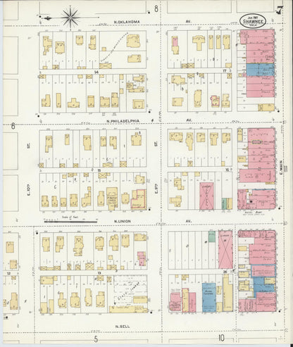 Sanborn Fire Insurance Map from Shawnee, Pottawatomie County, Oklahoma (1907), Sheet #0007 - Complete Map Set gallery image, historic Sanborn map, vintage wall art, Oklahoma Oklahoma