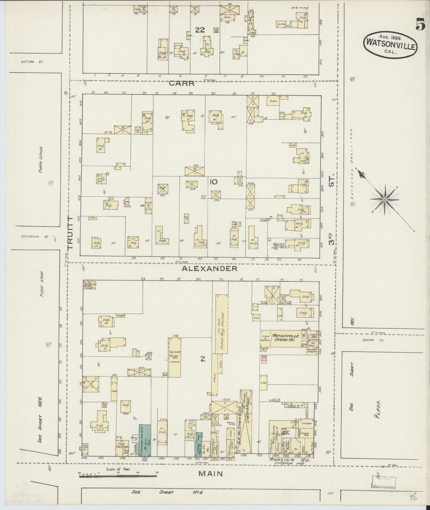 Sanborn Fire Insurance Map from Watsonville, Santa Cruz County, California (1886), Sheet #0005 - Complete Map Set gallery image, historic Sanborn map, vintage wall art, California California