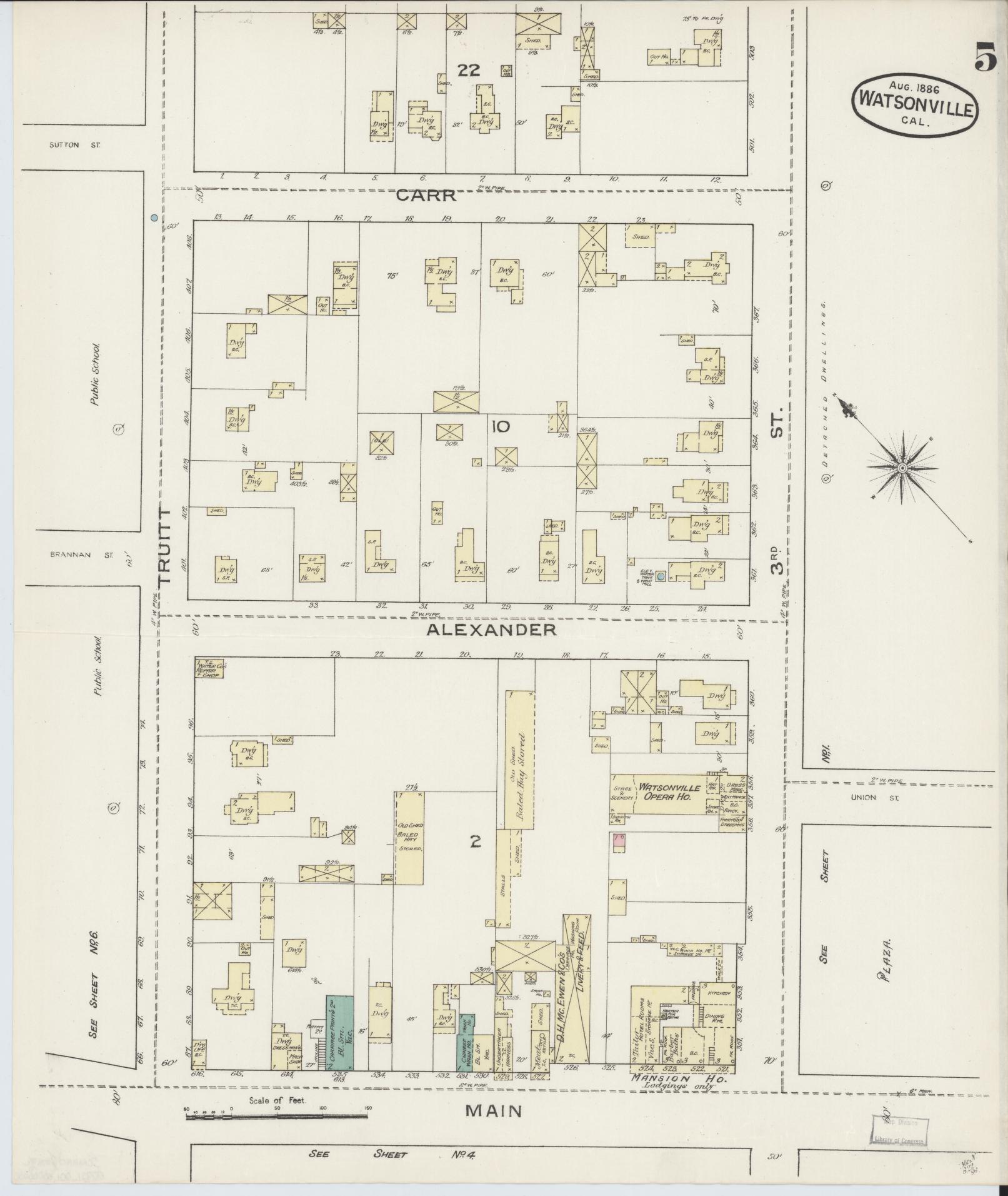 Sanborn Fire Insurance Map from Watsonville, Santa Cruz County, California (1886), Sheet #0005 - Complete Map Set gallery image, historic Sanborn map, vintage wall art, California California