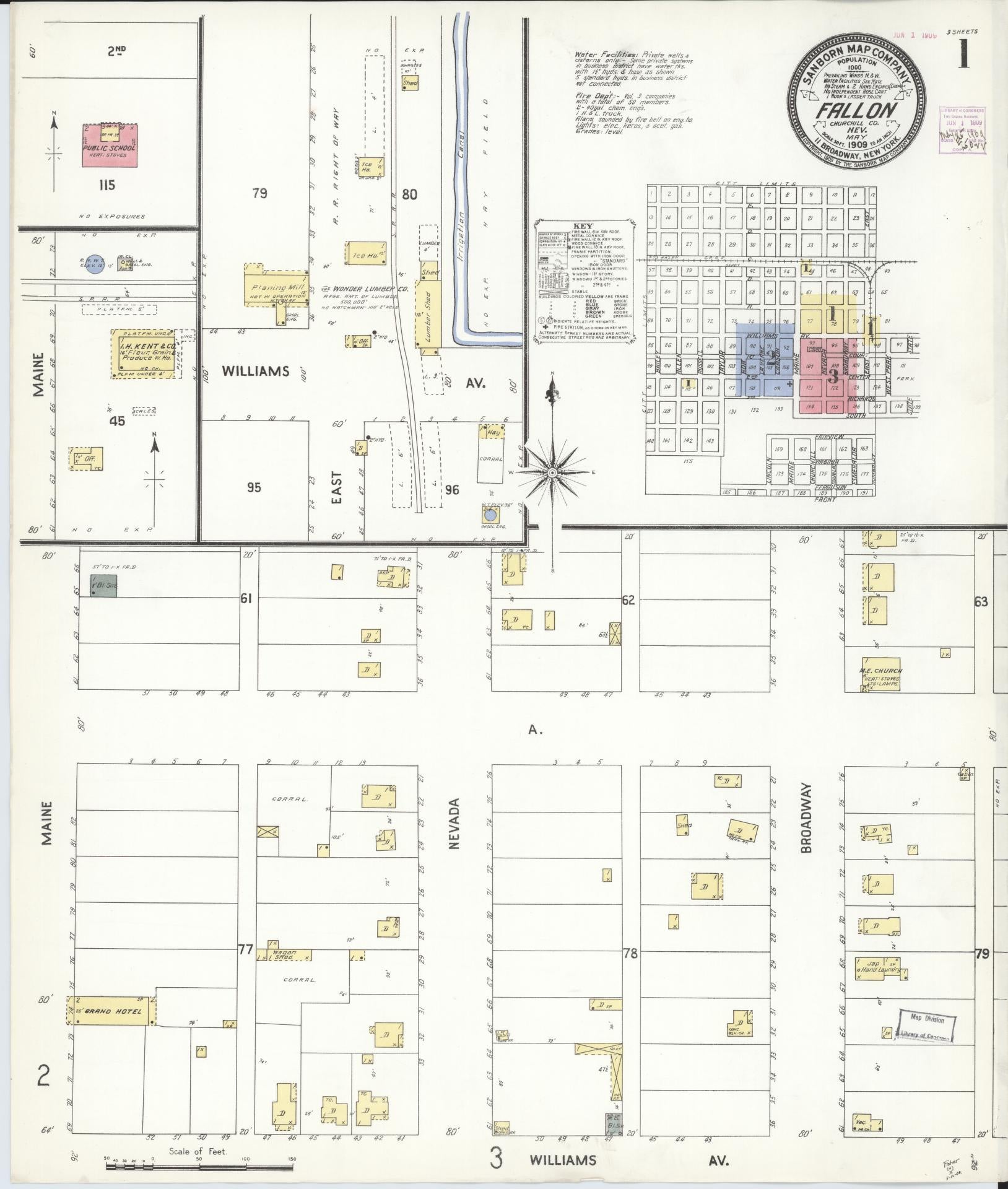 Sanborn Fire Insurance Map from Fallon, Churchill County, Nevada (1909), Sheet #0001 - Complete Map Set gallery image, historic Sanborn map, vintage wall art, Nevada Nevada