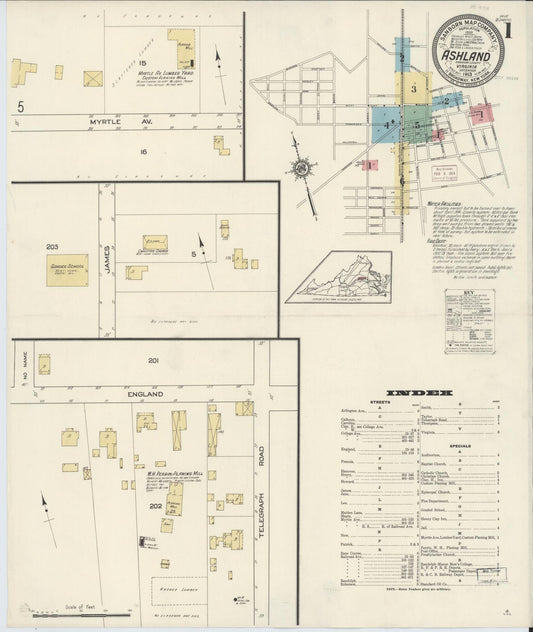 Sanborn Fire Insurance Map from Ashland, Hanover County, Virginia (1913), Sheet #0001 - Historic Sanborn Fire Insurance Map Print, vintage old map wall art, antique decor, genealogy gift, Virginia Virginia map