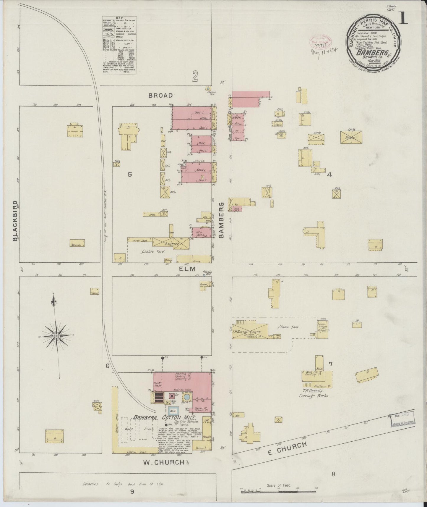 Sanborn Fire Insurance Map from Bamberg, Bamberg County, South Carolina (1894), Sheet #0001 - Complete Map Set gallery image, historic Sanborn map, vintage wall art, South Carolina South Carolina