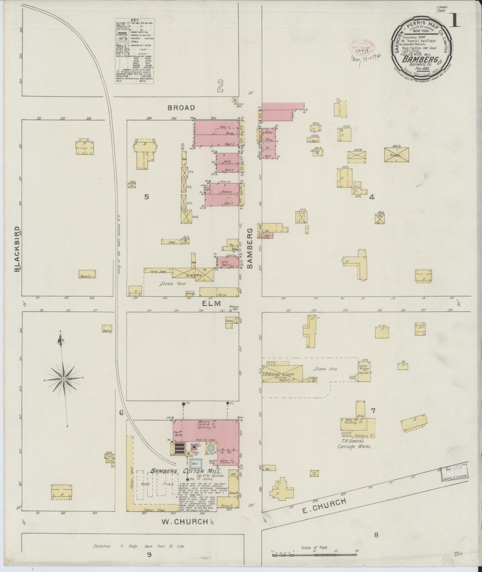 Sanborn Fire Insurance Map from Bamberg, Bamberg County, South Carolina (1894), Sheet #0001 - Complete Map Set gallery image, historic Sanborn map, vintage wall art, South Carolina South Carolina