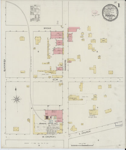 Sanborn Fire Insurance Map from Bamberg, Bamberg County, South Carolina (1894), Sheet #0001 - Complete Map Set gallery image, historic Sanborn map, vintage wall art, South Carolina South Carolina