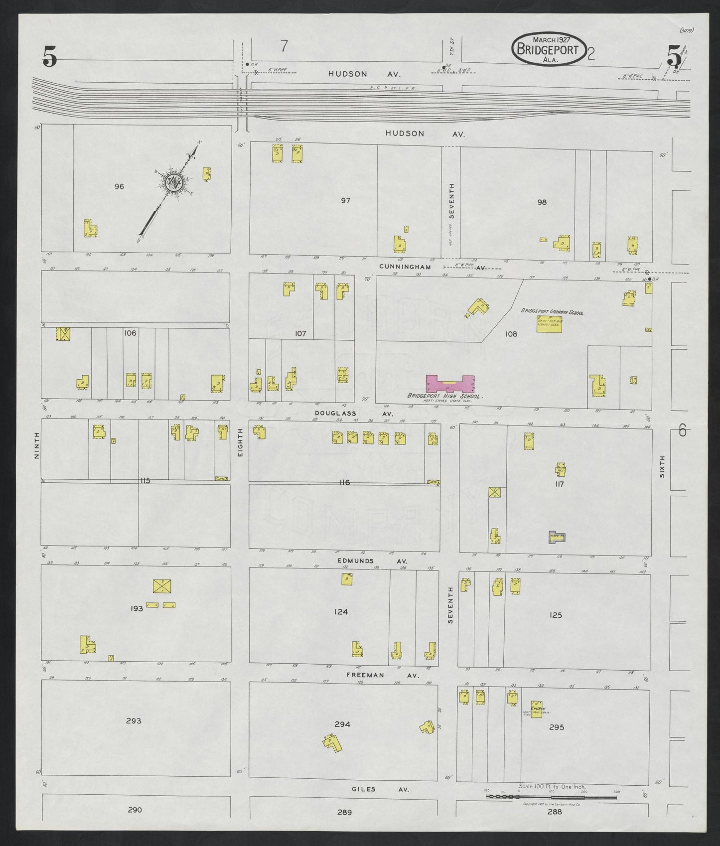 Sanborn Fire Insurance Map from Bridgeport, Jackson County, Alabama (1927), Sheet #0005 - Historic Sanborn Fire Insurance Map Print, vintage old map wall art, antique decor, genealogy gift, Alabama Alabama map