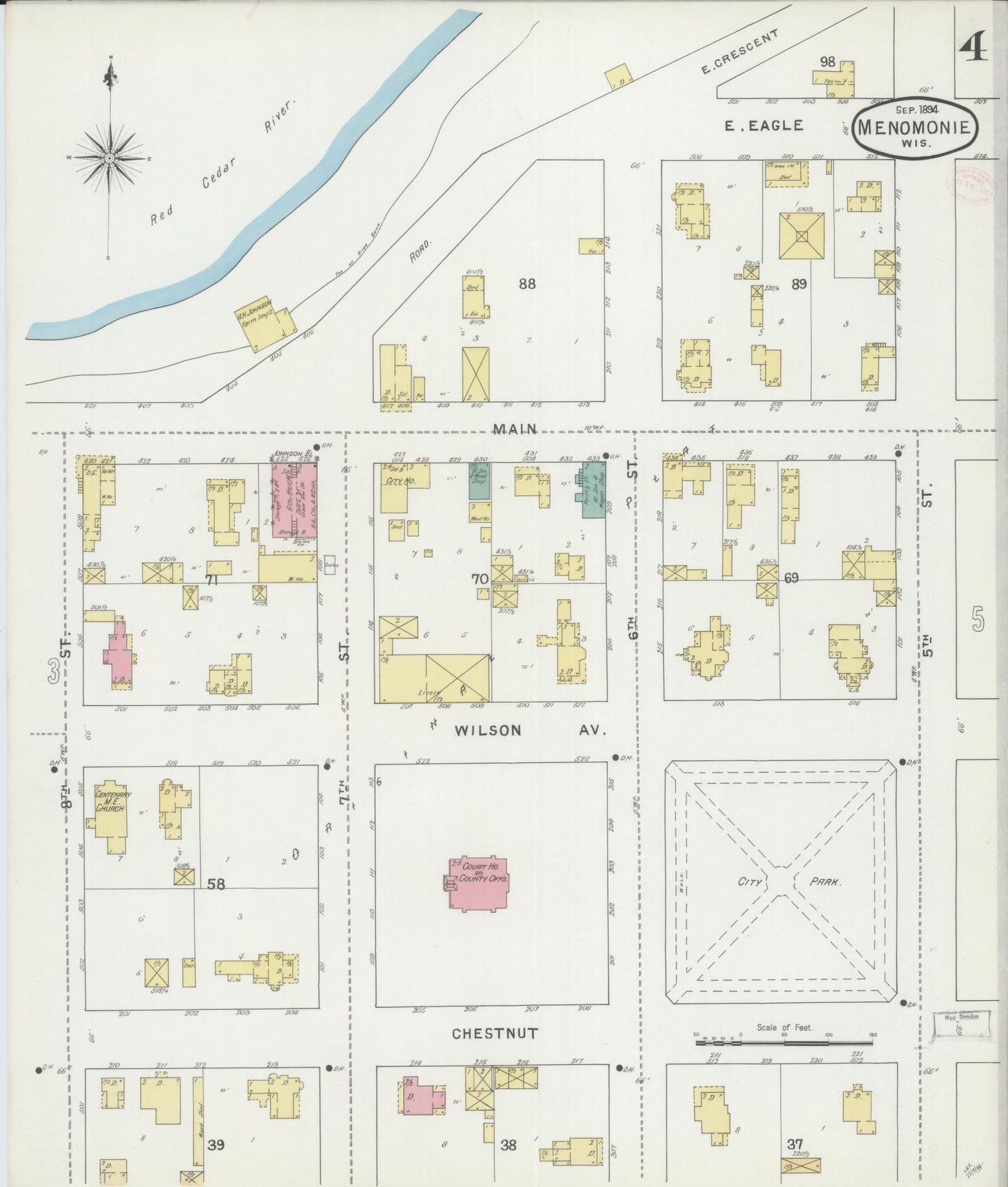 Sanborn Fire Insurance Map from Menomonie, Dunn County, Wisconsin (1894), Sheet #0004 - Historic Sanborn Fire Insurance Map Print, vintage old map wall art, antique decor, genealogy gift, Wisconsin Wisconsin map
