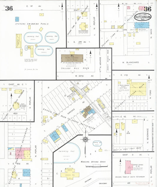 Sanborn Fire Insurance Map from Hutchinson, Reno County, Kansas (1929), Sheet #0037 - Historic Sanborn Fire Insurance Map Print, vintage old map wall art, antique decor, genealogy gift, Kansas Kansas map