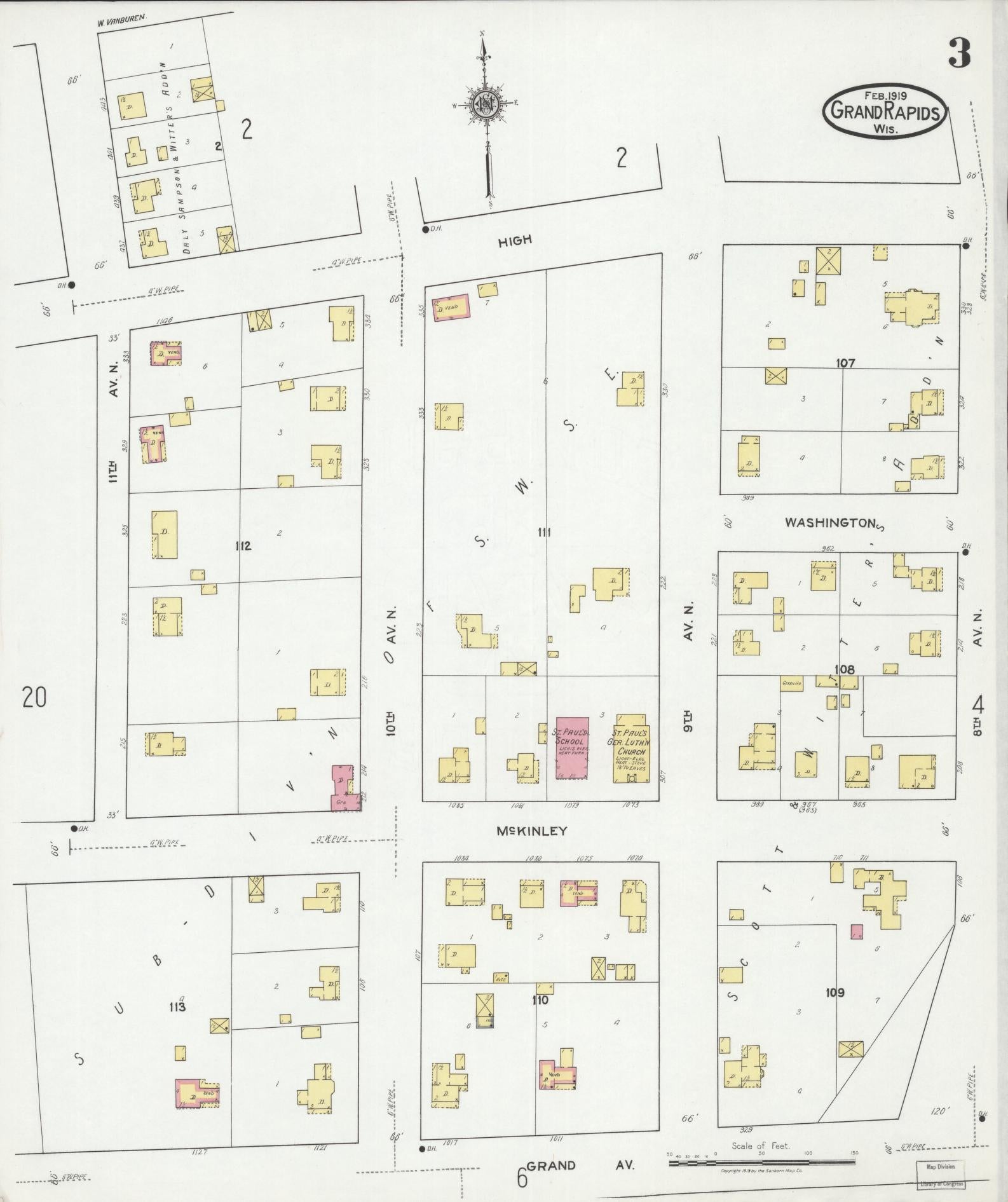 Sanborn Fire Insurance Map from Grand Rapids, Wood County, Wisconsin (1919), Sheet #0003 - Historic Sanborn Fire Insurance Map Print, vintage old map wall art, antique decor, genealogy gift, Wisconsin Wisconsin map