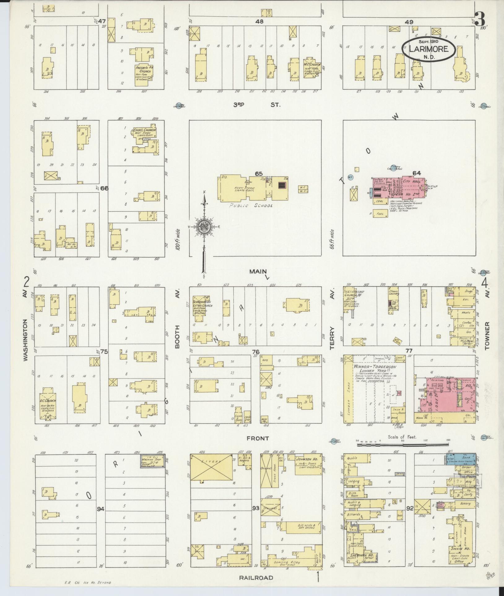 Sanborn Fire Insurance Map from Larimore, Grand Forks County, North Dakota (1910), Sheet #0003 - Complete Map Set gallery image, historic Sanborn map, vintage wall art, North Dakota North Dakota