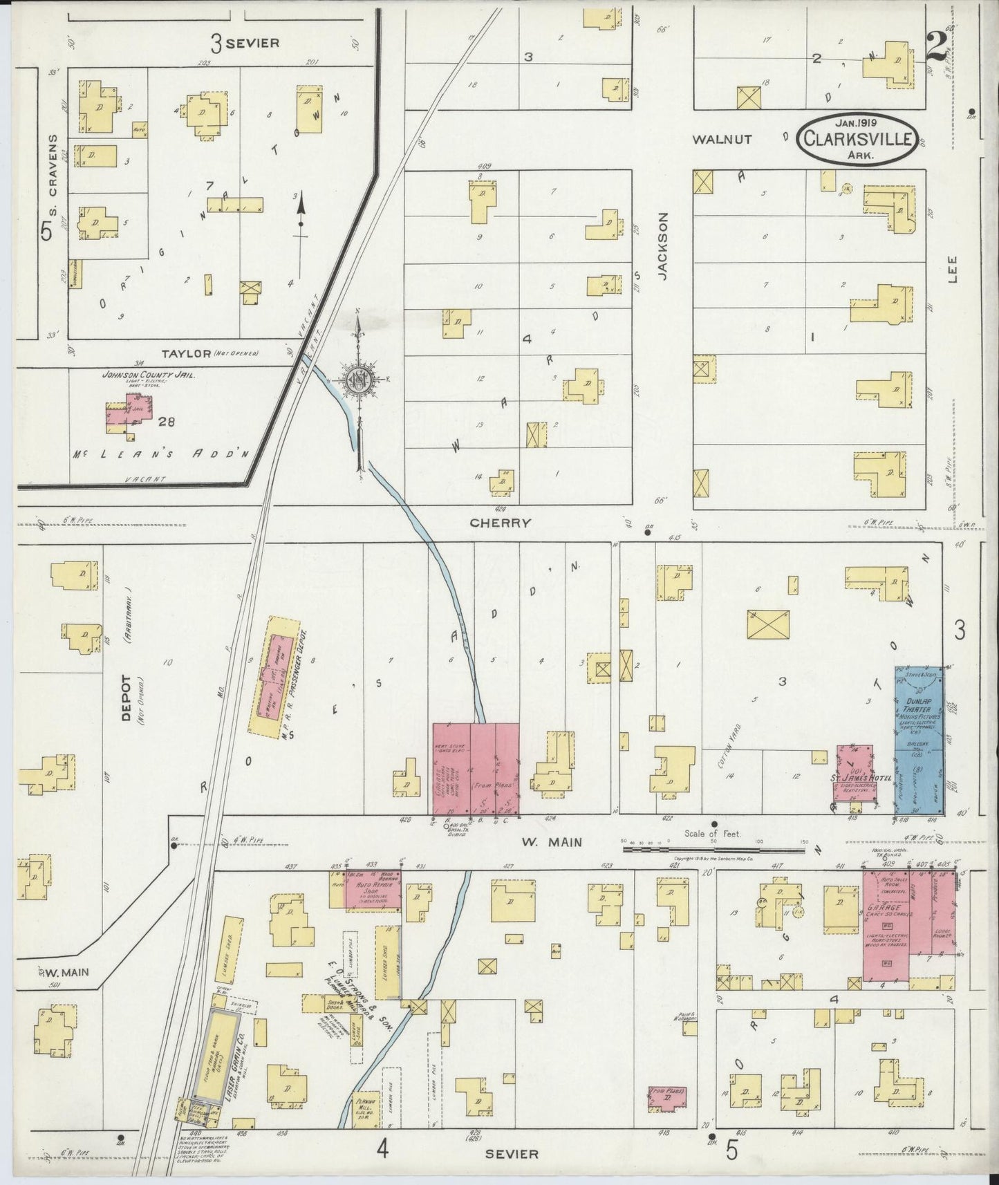 Sanborn Fire Insurance Map from Clarksville, Johnson County, Arkansas (1919), Sheet #0002 - Complete Map Set gallery image, historic Sanborn map, vintage wall art, Arkansas Arkansas