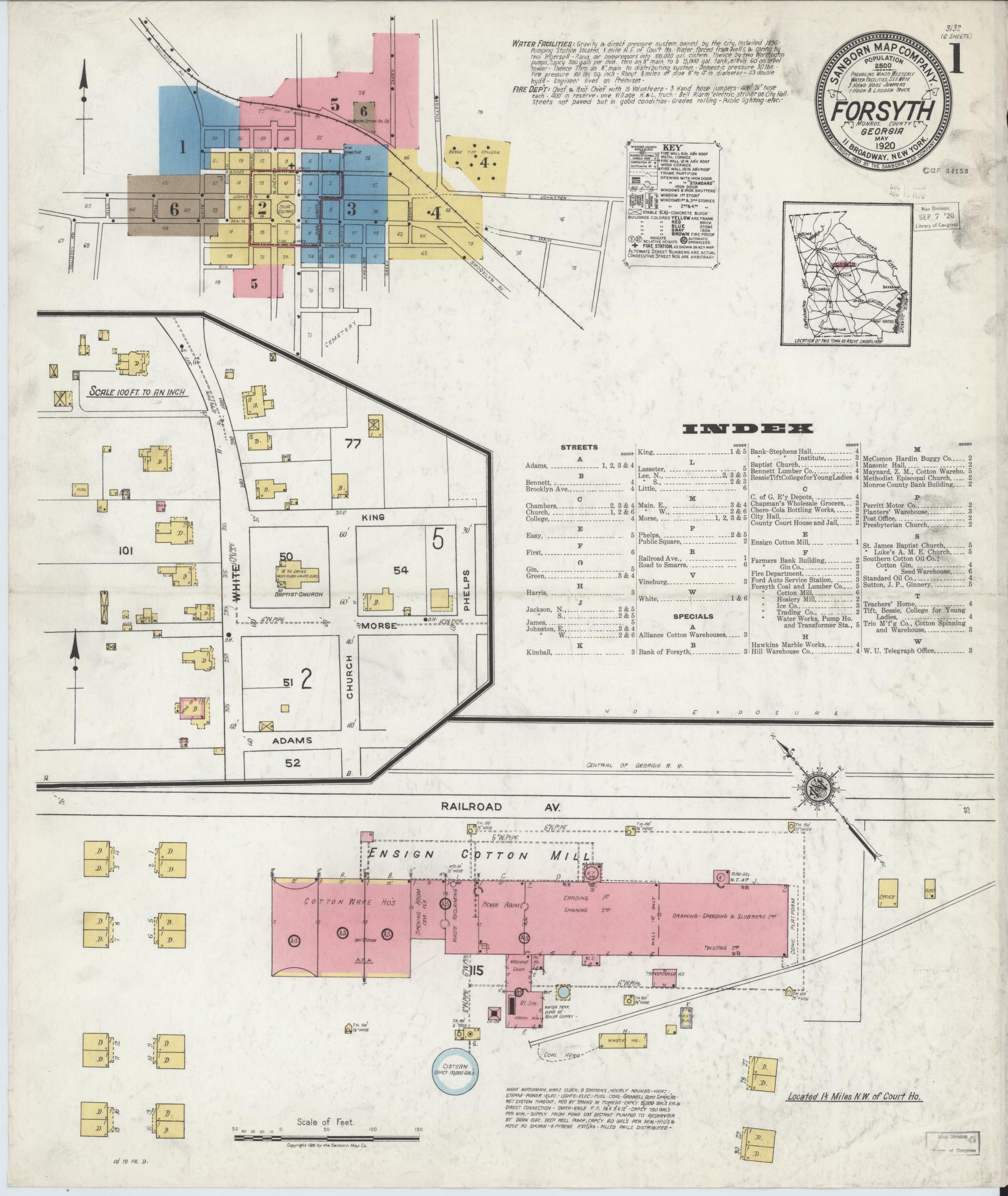 Sanborn Fire Insurance Map from Forsyth, Monroe County, Georgia (1920), Sheet #0001 - Historic Sanborn Fire Insurance Map Print, vintage old map wall art, antique decor, genealogy gift, Georgia Georgia map