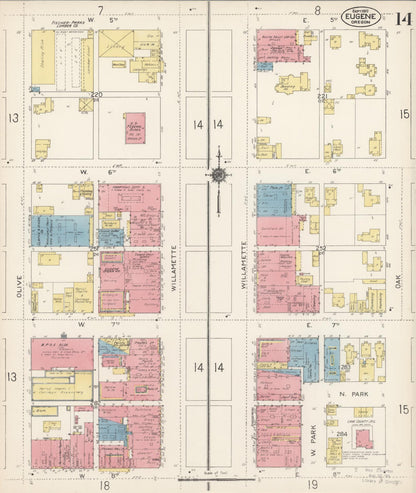 Sanborn Fire Insurance Map from Eugene, Lane County, Oregon (1912), Sheet #0014 - Complete Map Set gallery image, historic Sanborn map, vintage wall art, Oregon Oregon