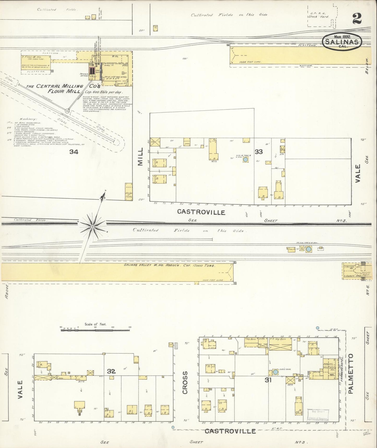 Sanborn Fire Insurance Map from Salinas, Monterey County, California (1892), Sheet #0002 - Complete Map Set gallery image, historic Sanborn map, vintage wall art, California California