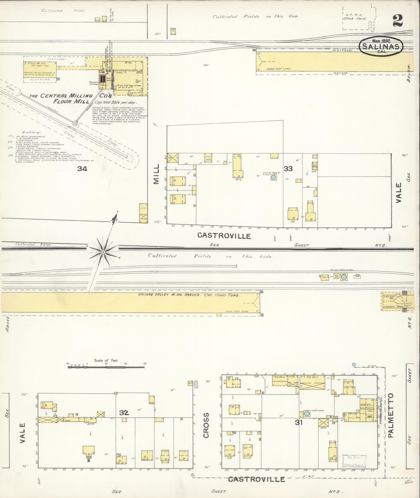 Sanborn Fire Insurance Map from Salinas, Monterey County, California (1892), Sheet #0002 - Complete Map Set gallery image, historic Sanborn map, vintage wall art, California California