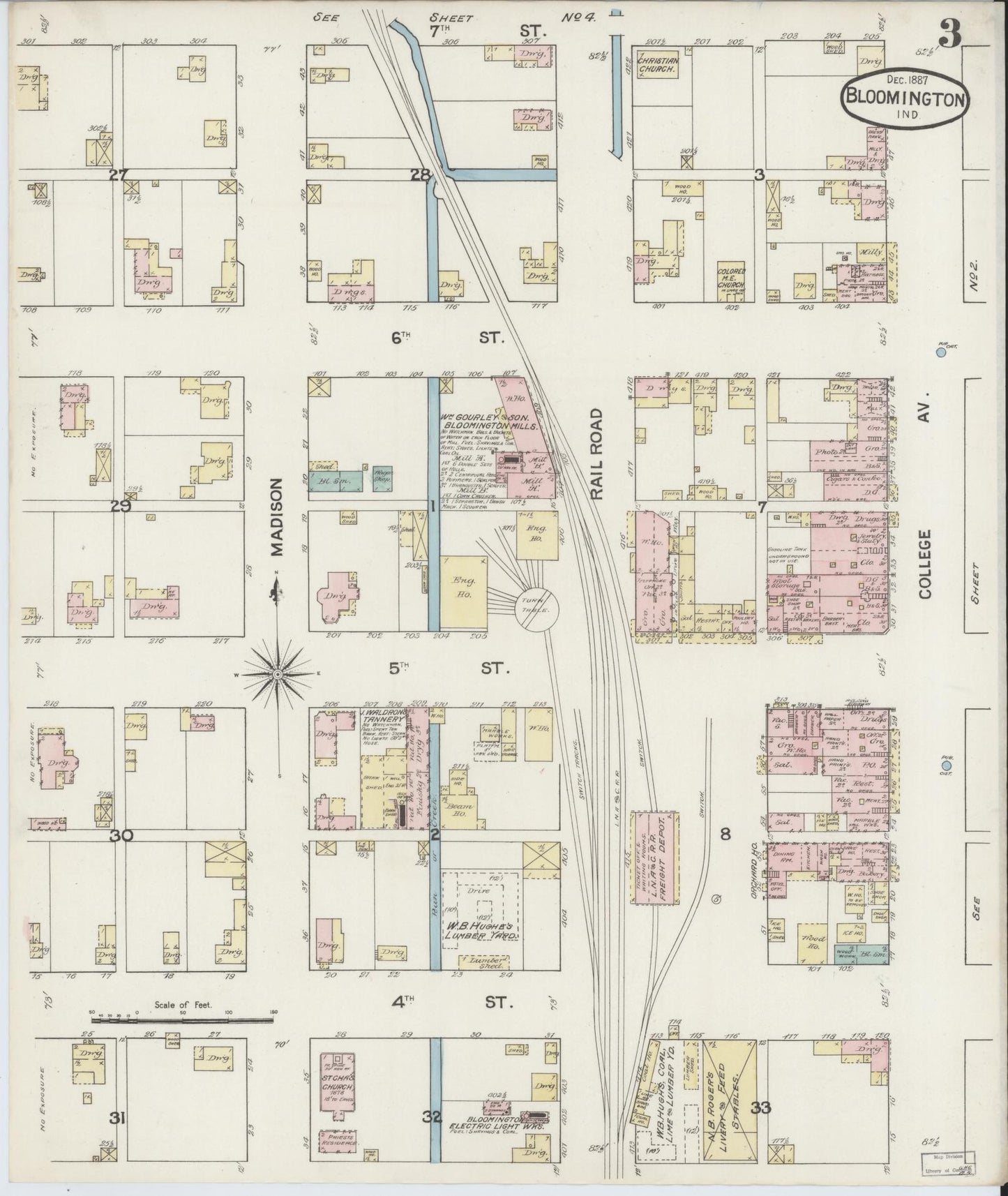 Sanborn Fire Insurance Map from Bloomington, Monroe County, Indiana (1887), Sheet #0003 - Historic Sanborn Fire Insurance Map Print, vintage old map wall art, antique decor, genealogy gift, Indiana Indiana map