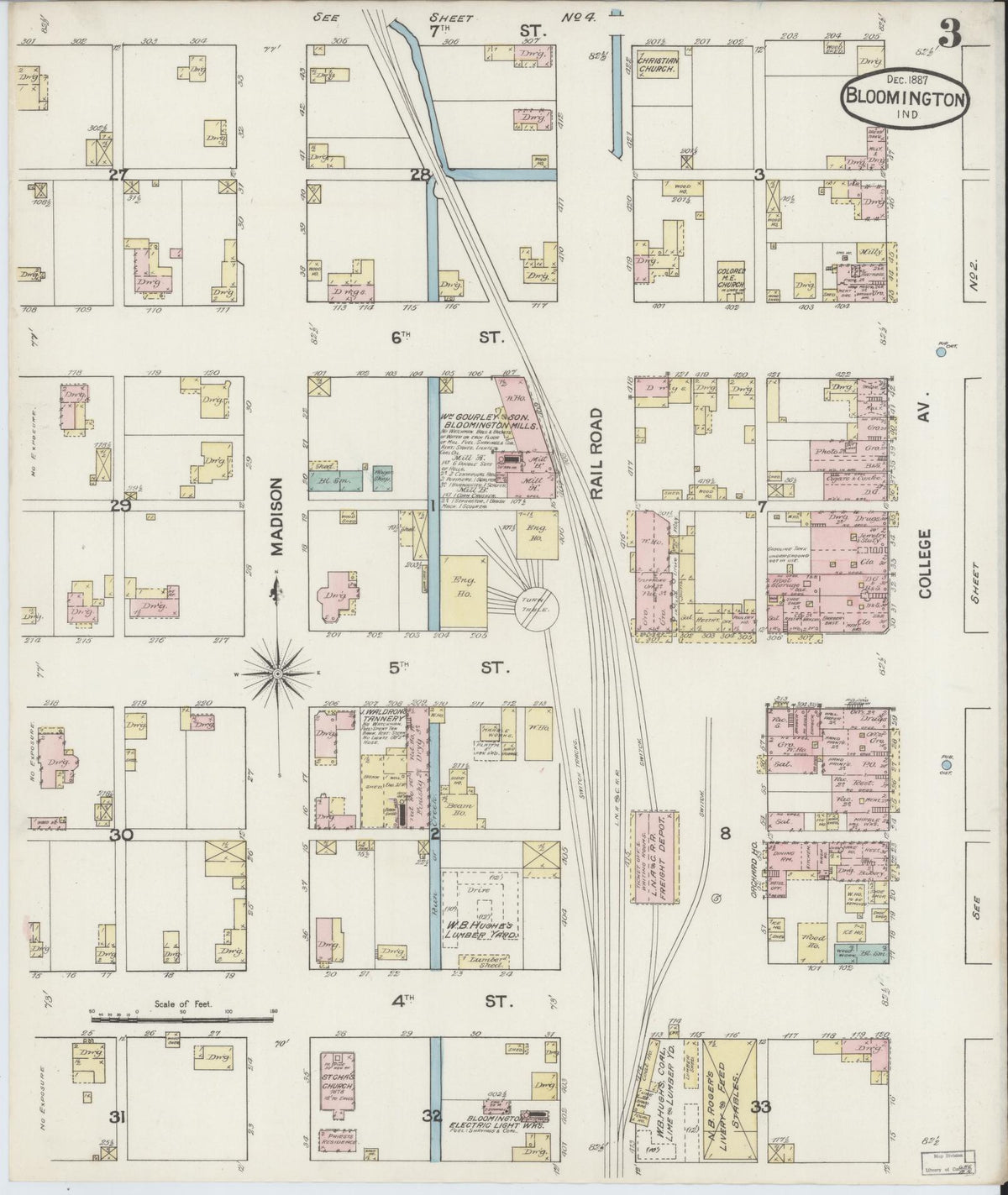 Sanborn Fire Insurance Map from Bloomington, Monroe County, Indiana (1887), Sheet #0003 - Historic Sanborn Fire Insurance Map Print, vintage old map wall art, antique decor, genealogy gift, Indiana Indiana map