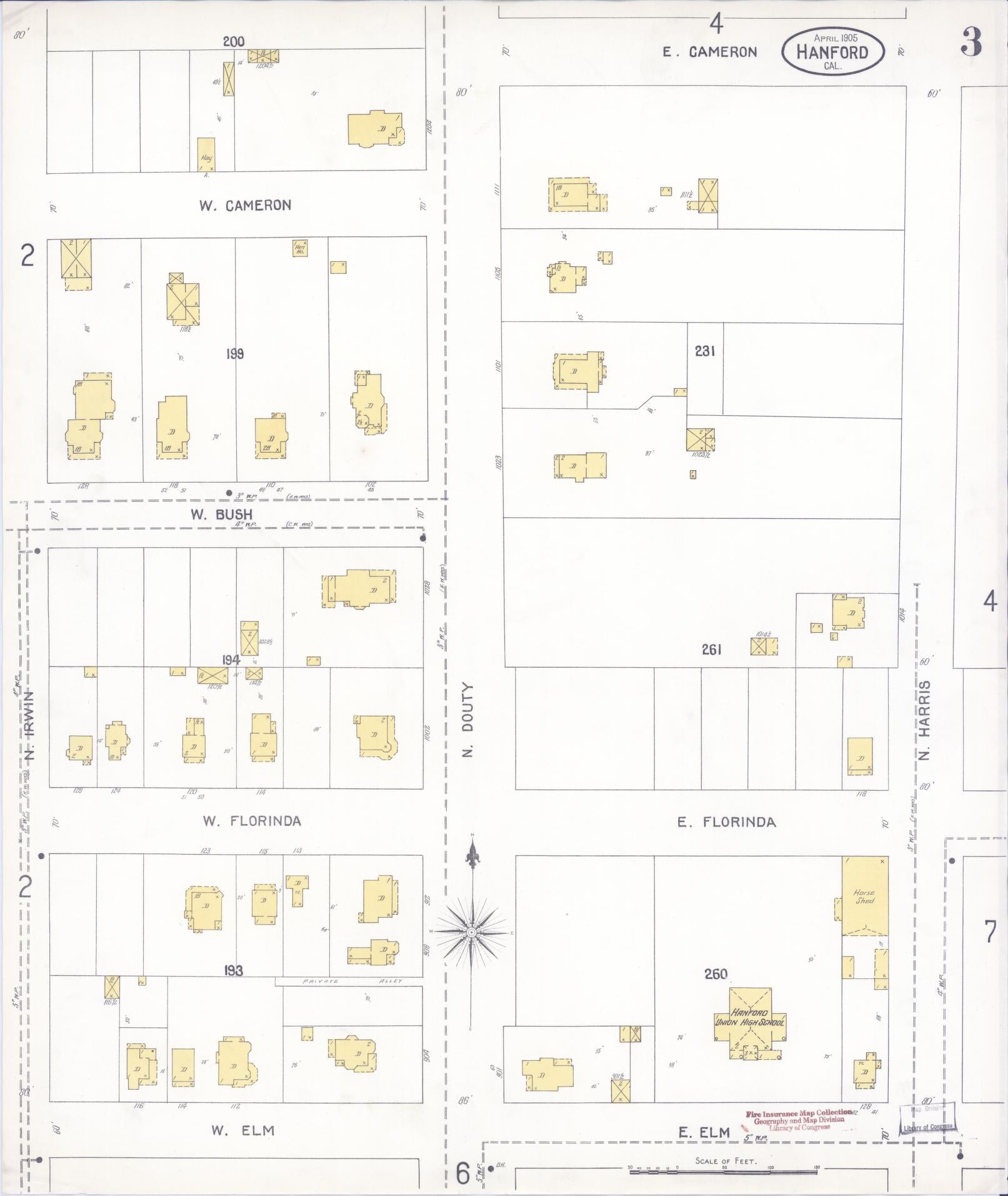 Sanborn Fire Insurance Map from Hanford, Kings County, California (1905), Sheet #0003 - Historic Sanborn Fire Insurance Map Print, vintage old map wall art, antique decor, genealogy gift, California California map