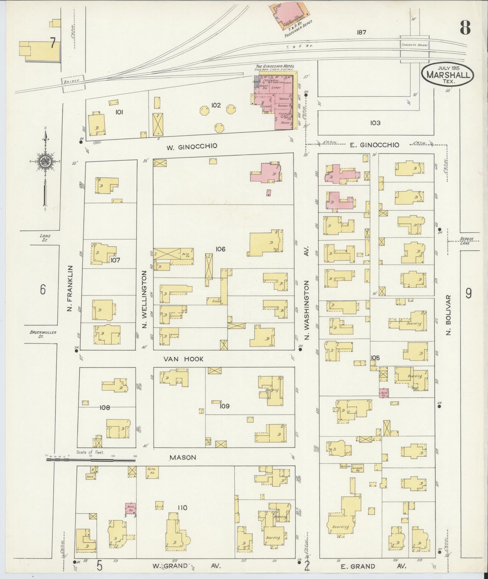 Sanborn Fire Insurance Map from Marshall, Harrison County, Texas (1915), Sheet #0008 - Historic Sanborn Fire Insurance Map Print, vintage old map wall art, antique decor, genealogy gift, Texas Texas map
