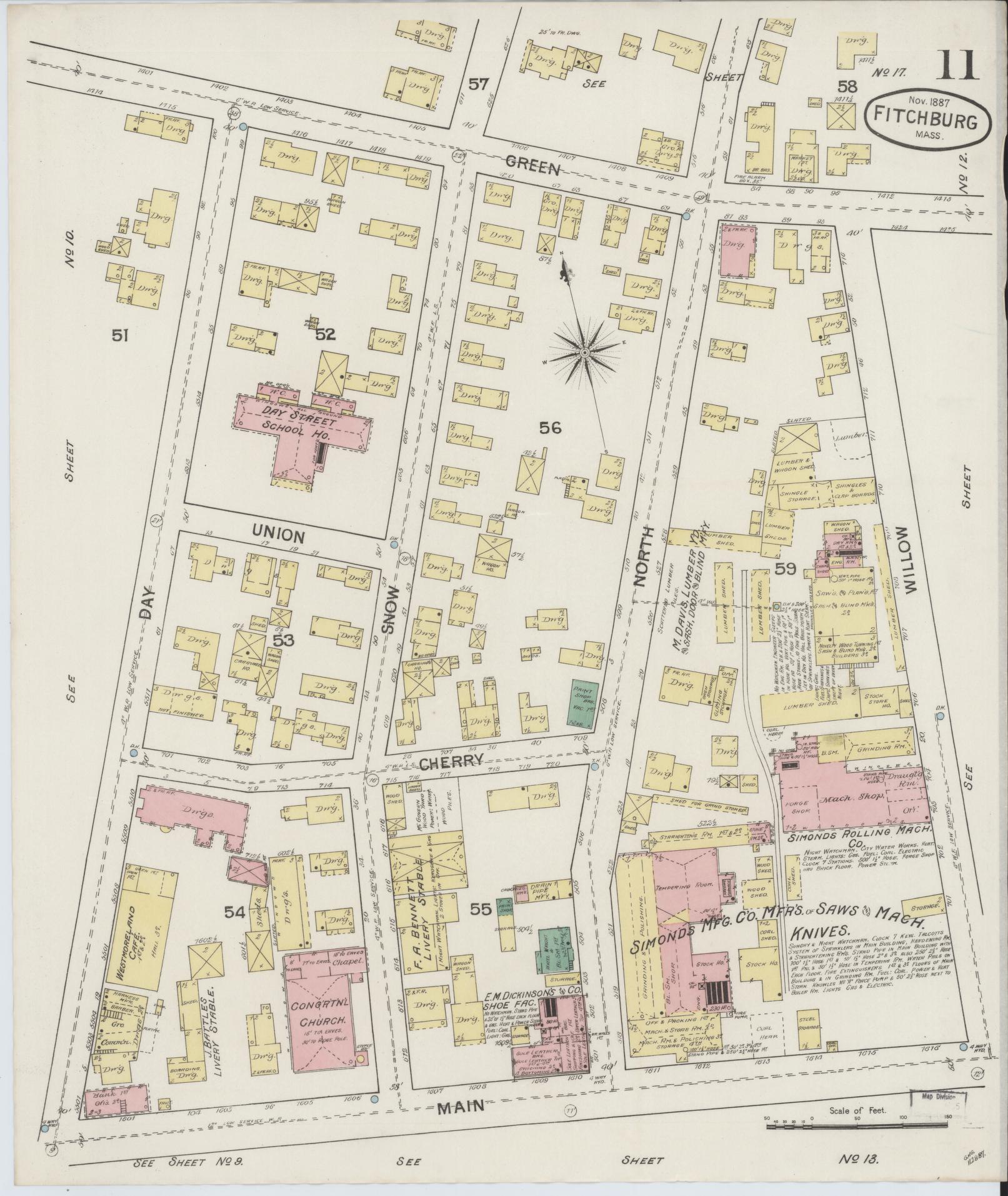 Sanborn Fire Insurance Map from Fitchburg, Worcester County, Massachusetts (1887), Sheet #0011 - Complete Map Set gallery image, historic Sanborn map, vintage wall art, Massachusetts Massachusetts