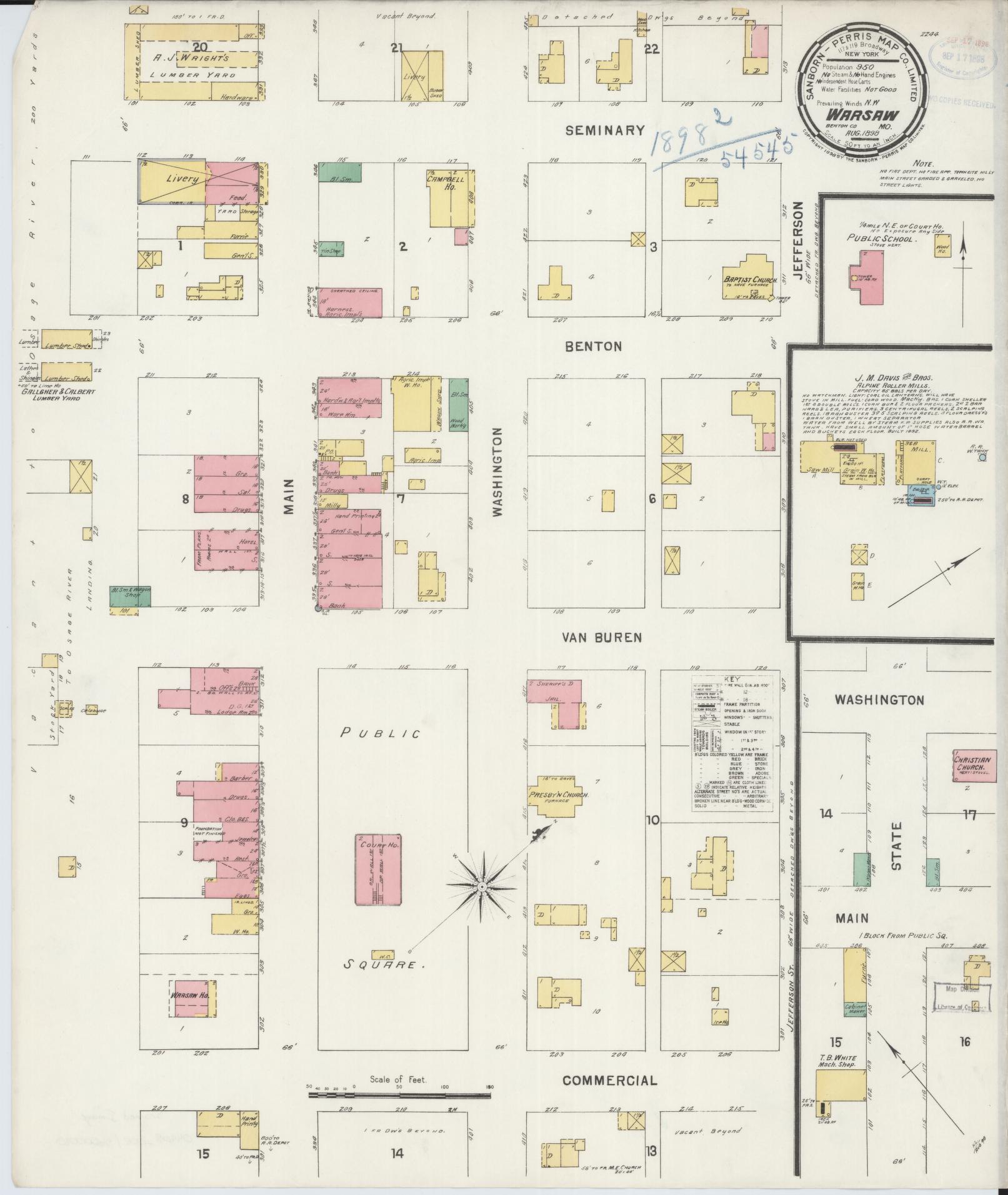 Sanborn Fire Insurance Map from Warsaw, Benton County, Missouri (1898), Sheet #0001 - Historic Sanborn Fire Insurance Map Print, vintage old map wall art, antique decor, genealogy gift, Missouri Missouri map