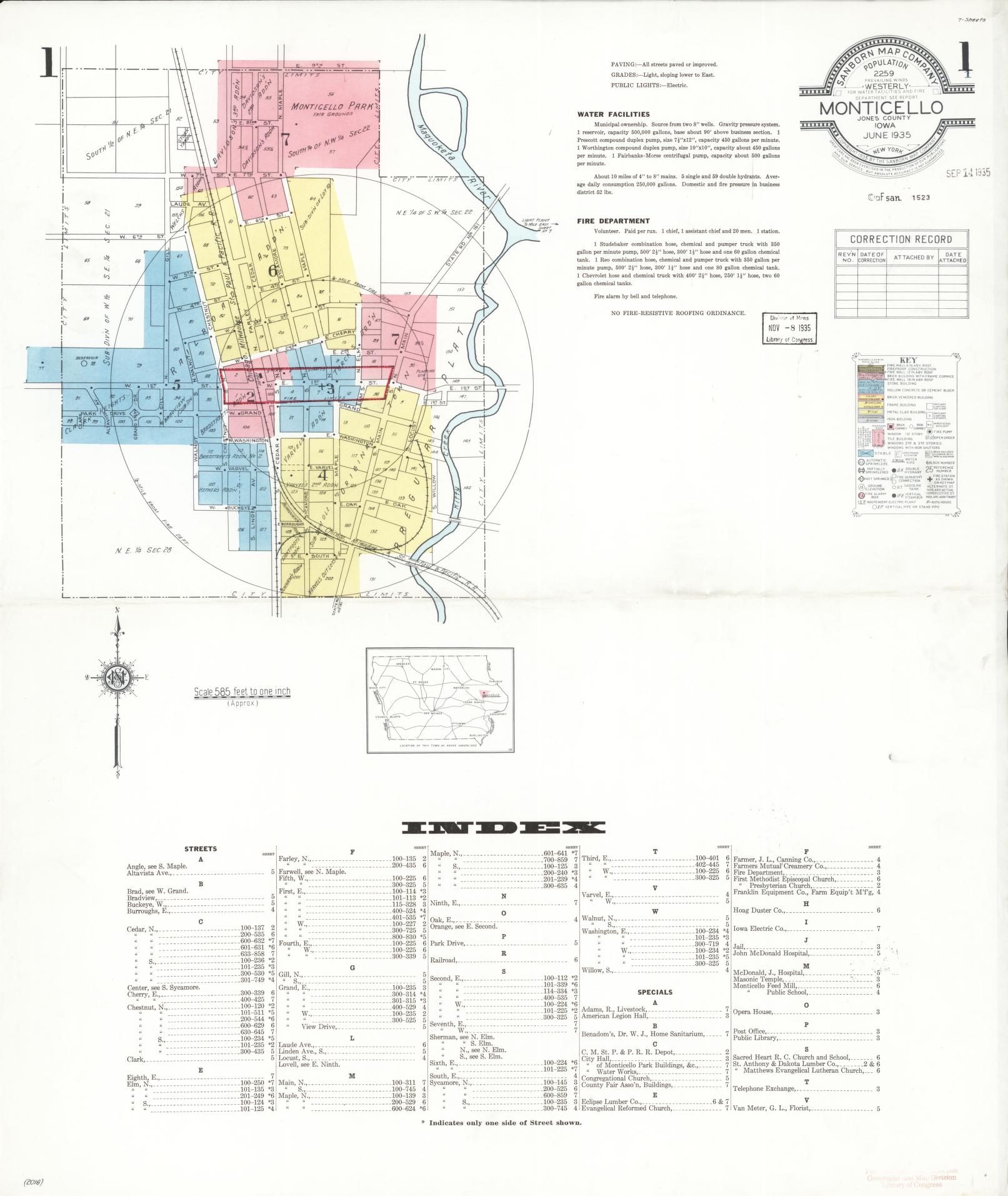 Sanborn Fire Insurance Map from Monticello, Jones County, Iowa (1935), Sheet #0001 - Historic Sanborn Fire Insurance Map Print