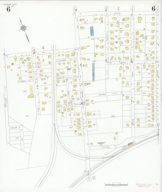 Sanborn Fire Insurance Map from Needham, Norfolk County, Massachusetts (1937), Sheet #0006 - Historic Sanborn Fire Insurance Map Print, vintage old map wall art, antique decor, genealogy gift, Massachusetts Massachusetts map