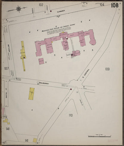 Sanborn Fire Insurance Map from Worcester, Worcester County, Massachusetts (1910), Sheet #0108 - Historic Sanborn Fire Insurance Map Print, vintage old map wall art, antique decor, genealogy gift, Massachusetts Massachusetts map