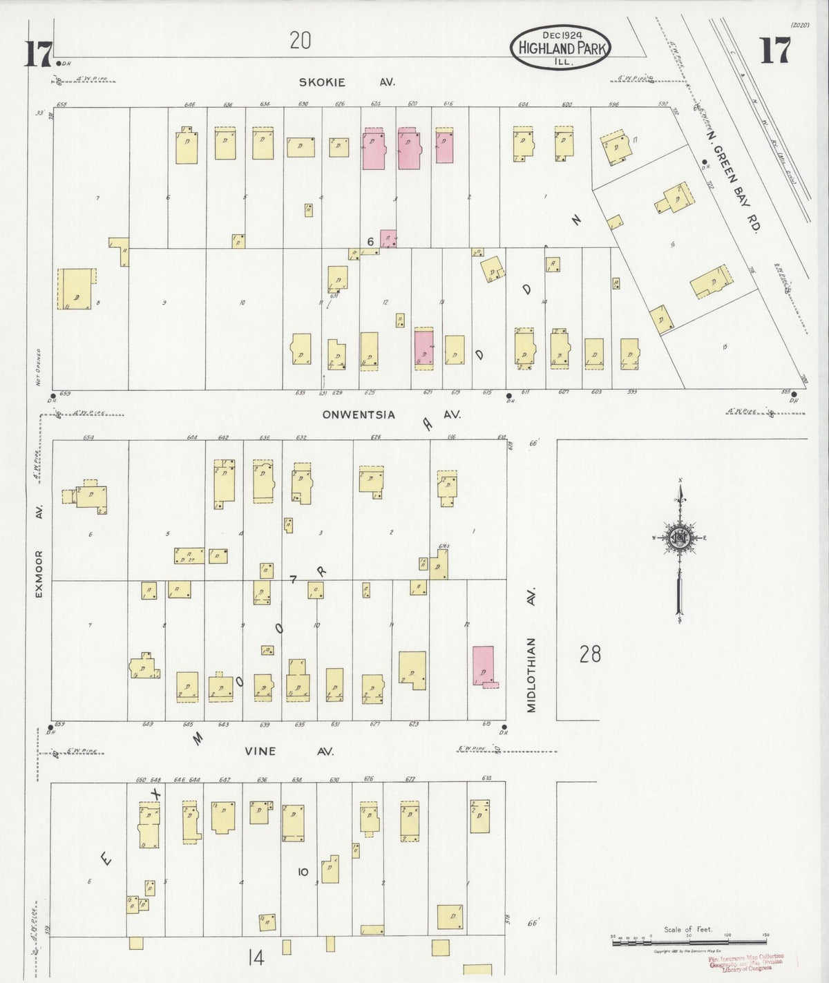 Sanborn Fire Insurance Map from Highland Park, Lake County, Illinois (1924), Sheet #0017 - Historic Sanborn Fire Insurance Map Print, vintage old map wall art, antique decor, genealogy gift, Illinois Illinois map
