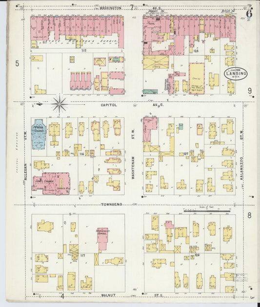 Sanborn Fire Insurance Map from Lansing, Ingham County, Michigan (1898), Sheet #0006 - Historic Sanborn Fire Insurance Map Print, vintage old map wall art, antique decor, genealogy gift, Michigan Michigan map