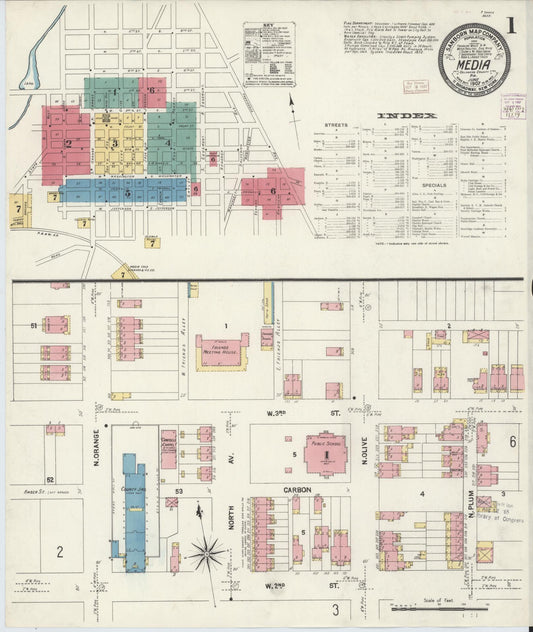 Sanborn Fire Insurance Map from Media, Delaware County, Pennsylvania (1907), Sheet #0001 - Complete Map Set gallery image, historic Sanborn map, vintage wall art, Media Delaware