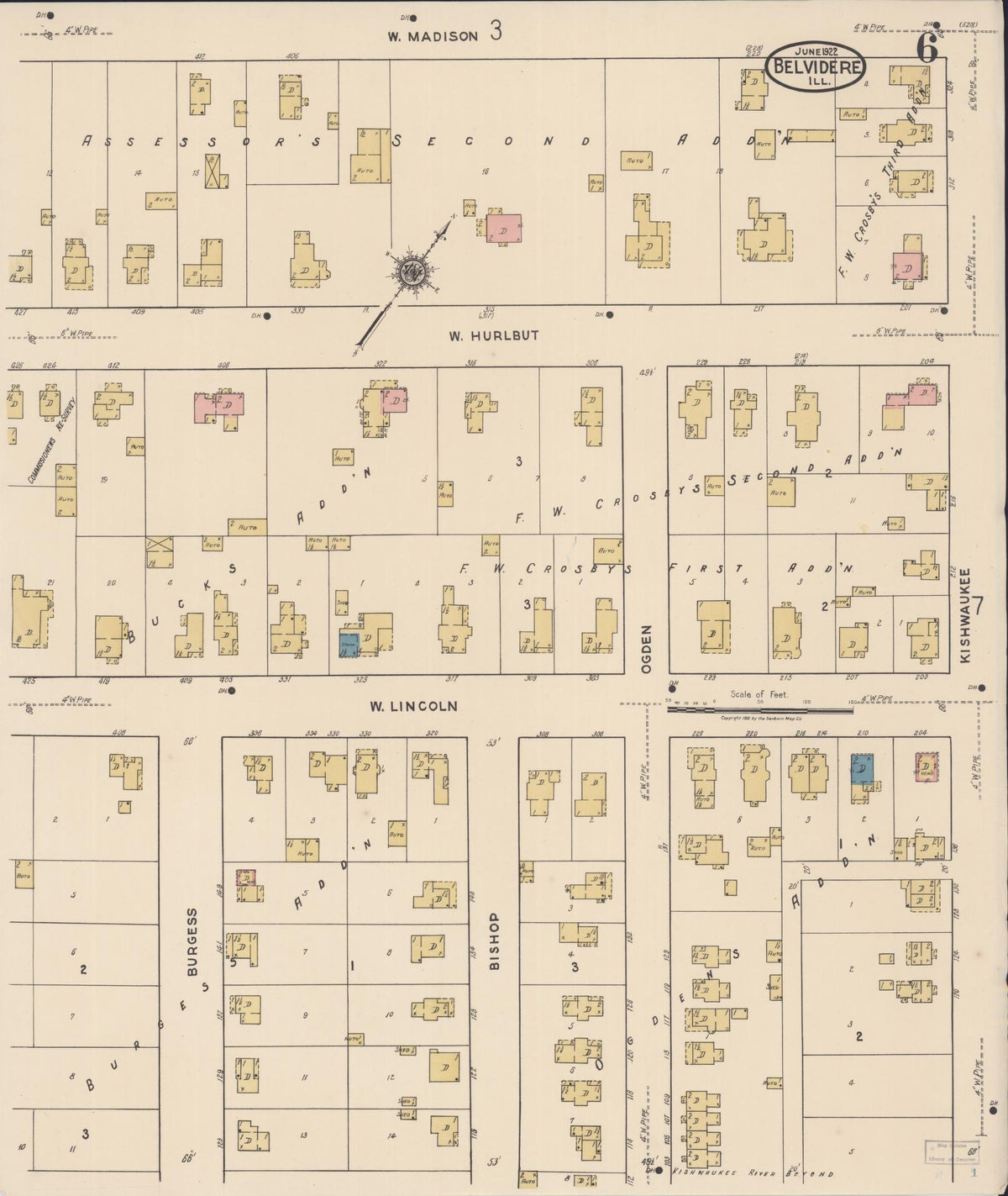 Sanborn Fire Insurance Map from Belvidere, Boone County, Illinois (1922), Sheet #0006 - Historic Sanborn Fire Insurance Map Print, vintage old map wall art, antique decor, genealogy gift, Illinois Illinois map