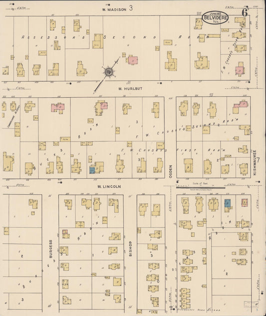 Sanborn Fire Insurance Map from Belvidere, Boone County, Illinois (1922), Sheet #0006 - Historic Sanborn Fire Insurance Map Print, vintage old map wall art, antique decor, genealogy gift, Illinois Illinois map