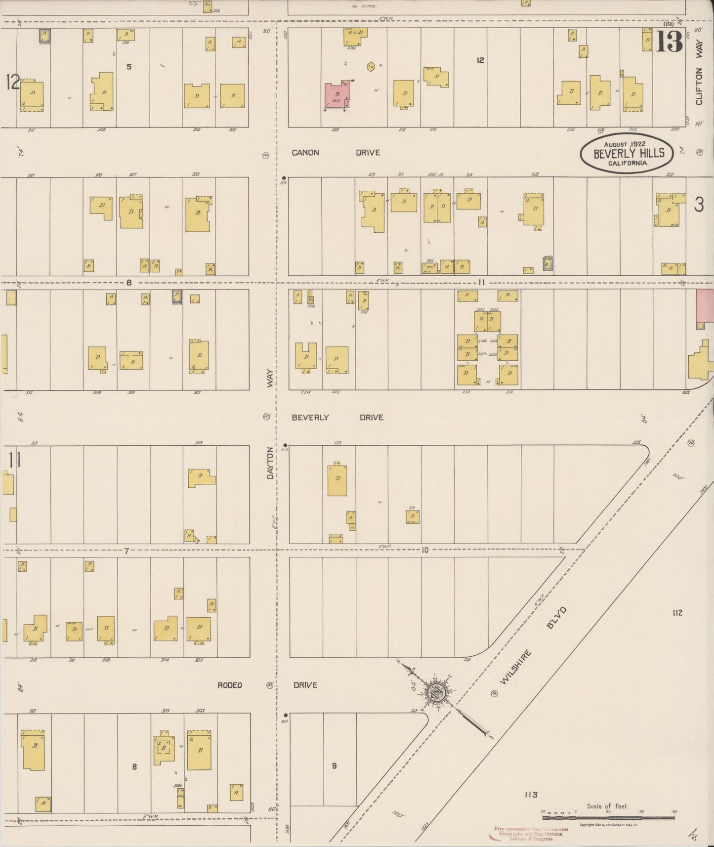 Sanborn Fire Insurance Map from Beverly Hills, Los Angeles County, California (1922), Sheet #0013 - Historic Sanborn Fire Insurance Map Print, vintage old map wall art, antique decor, genealogy gift, California California map