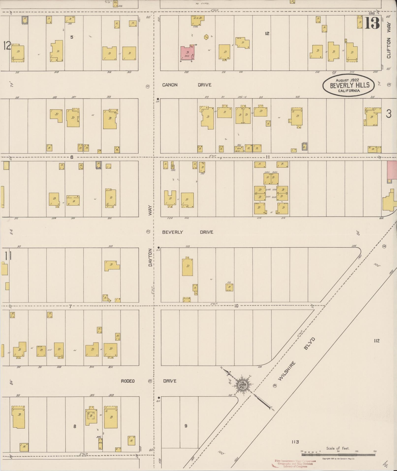 Sanborn Fire Insurance Map from Beverly Hills, Los Angeles County, California (1922), Sheet #0013 - Historic Sanborn Fire Insurance Map Print, vintage old map wall art, antique decor, genealogy gift, California California map