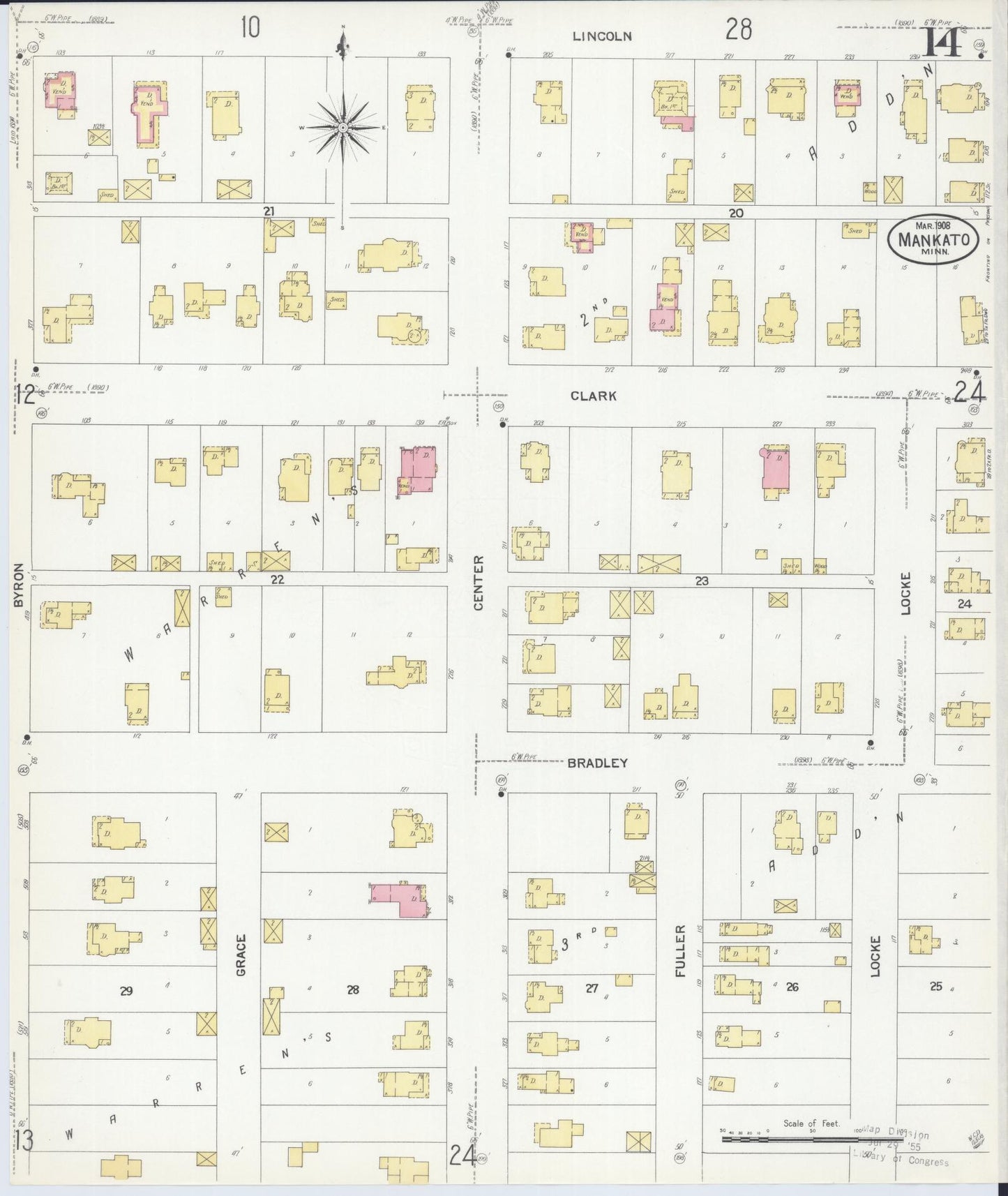 Sanborn Fire Insurance Map from Mankato, Blue Earth County, Minnesota (1908), Sheet #0014 - Complete Map Set gallery image, historic Sanborn map, vintage wall art, Minnesota Minnesota