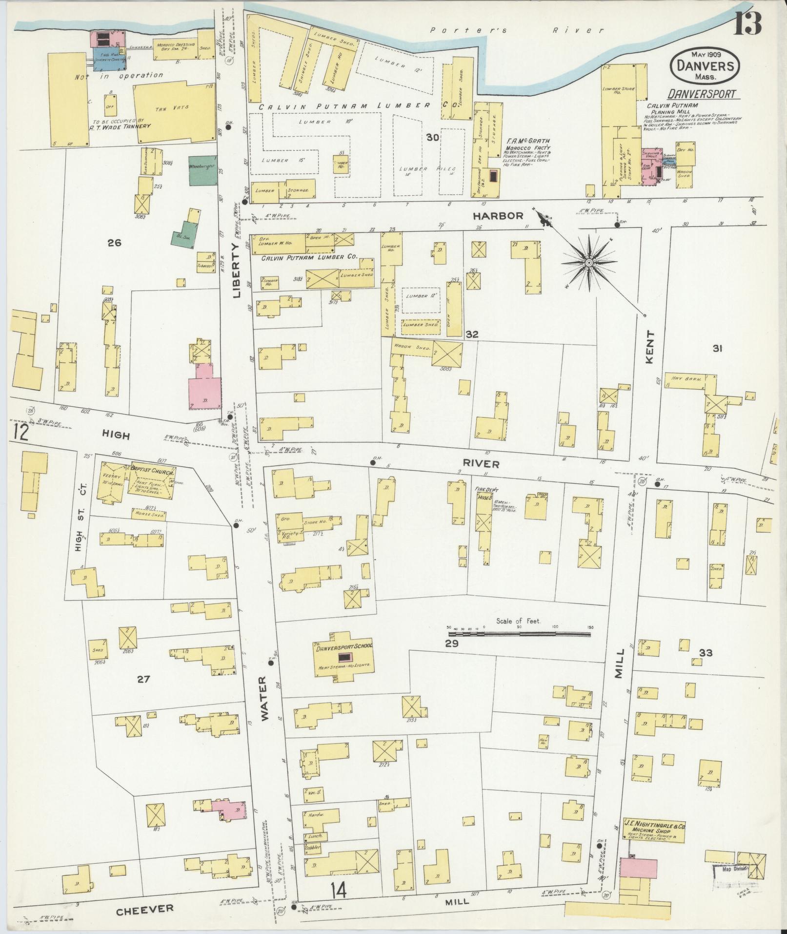 Sanborn Fire Insurance Map from Danvers, Essex County, Massachusetts (1909), Sheet #0013 - Complete Map Set gallery image, historic Sanborn map, vintage wall art, Massachusetts Massachusetts