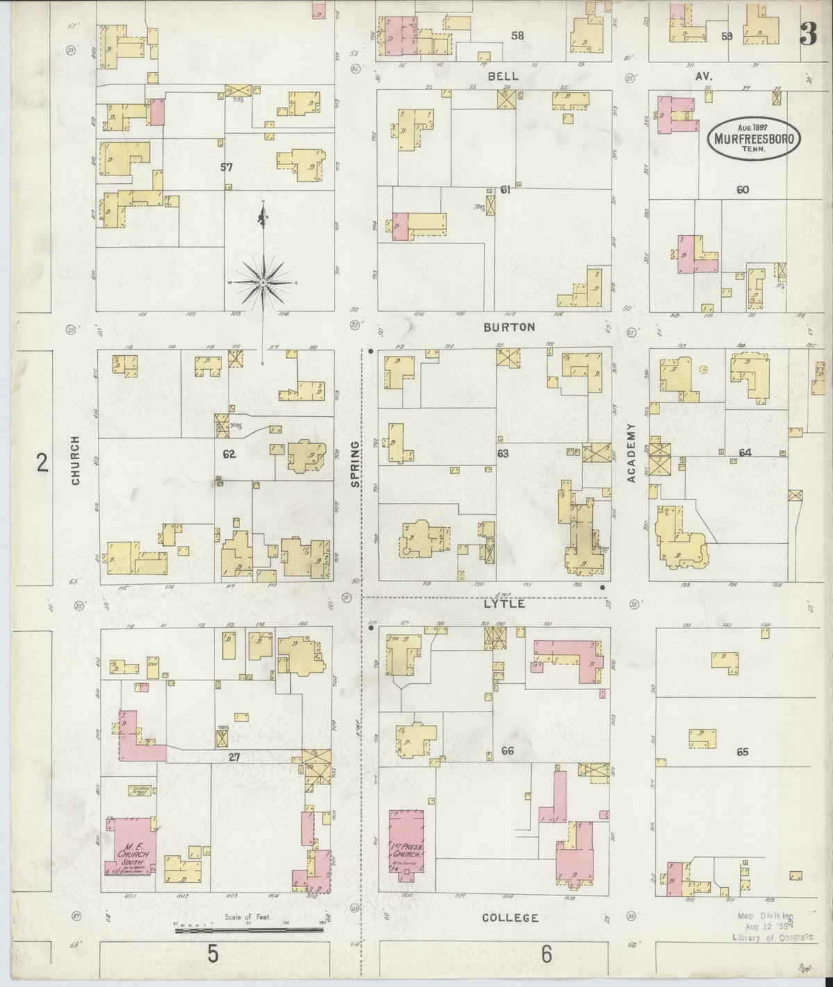 Sanborn Fire Insurance Map from Murfreesboro, Rutherford County, Tennessee (1897), Sheet #0003 - Complete Map Set gallery image, historic Sanborn map, vintage wall art, Tennessee Tennessee