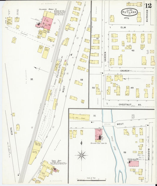 Sanborn Fire Insurance Map from Rutland, Rutland County, Vermont (1895), Sheet #0012 - Historic Sanborn Fire Insurance Map Print, vintage old map wall art, antique decor, genealogy gift, Vermont Vermont map