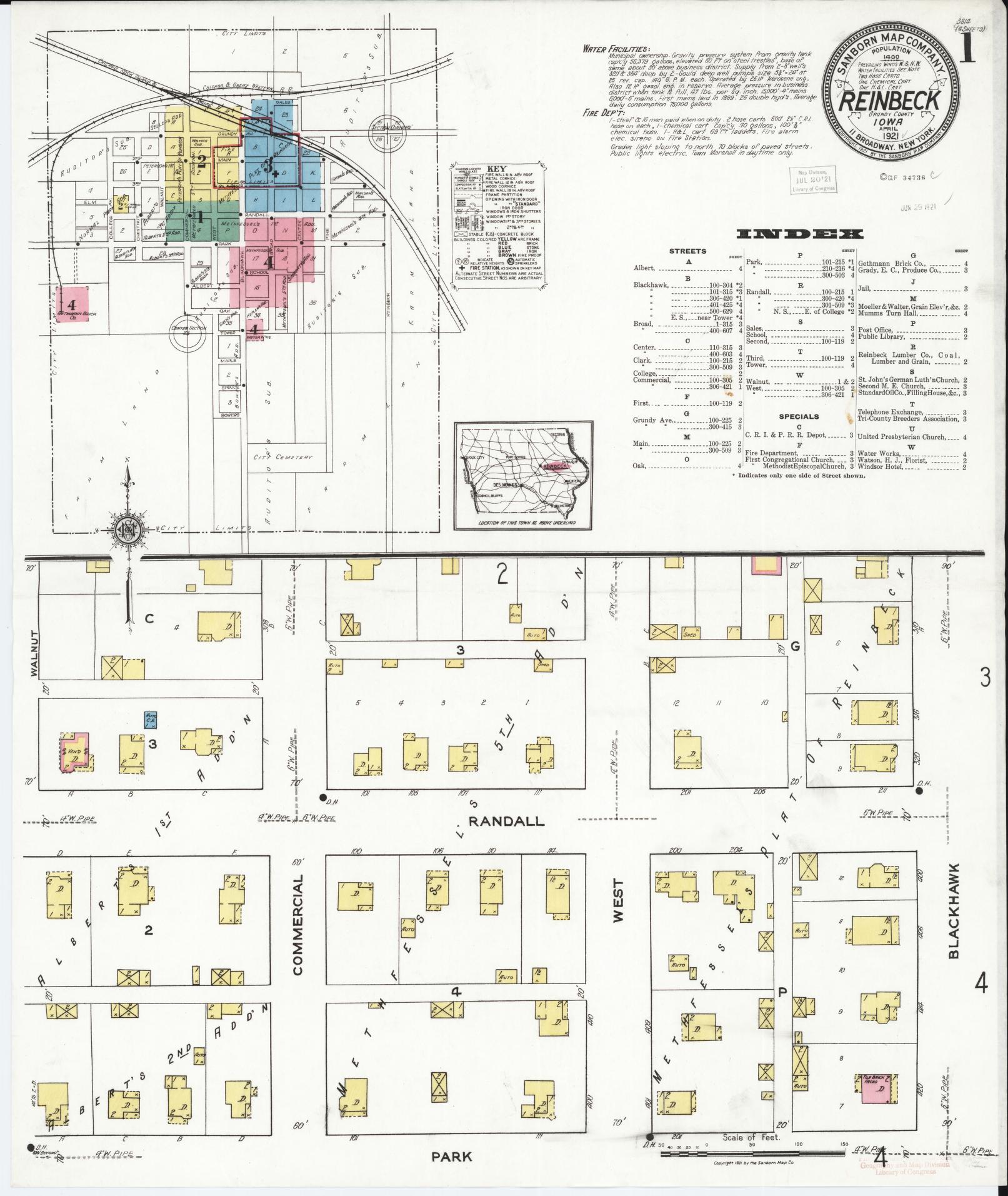 Sanborn Fire Insurance Map from Reinbeck, Grundy County, Iowa (1921), Sheet #0001 - Historic Sanborn Fire Insurance Map Print