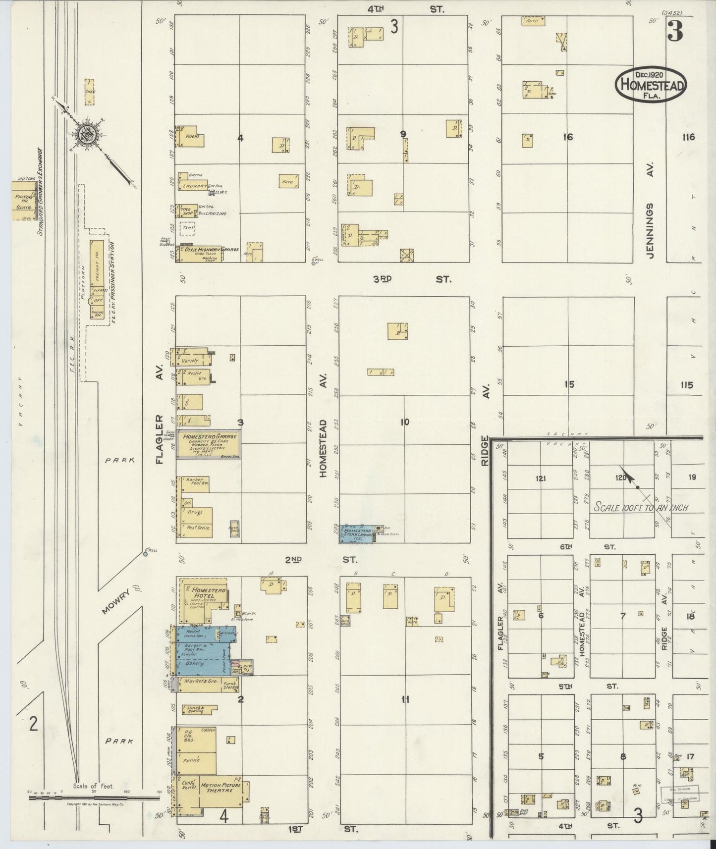 Sanborn Fire Insurance Map from Holmestead, Dade County, Florida (1920), Sheet #0003 - Complete Map Set gallery image, historic Sanborn map, vintage wall art, Florida Florida