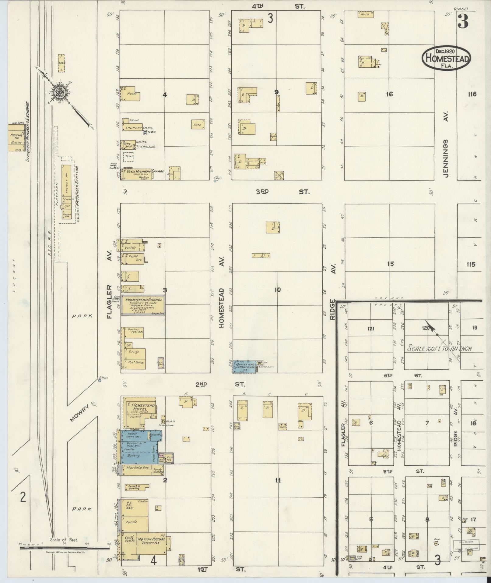 Sanborn Fire Insurance Map from Holmestead, Dade County, Florida (1920), Sheet #0003 - Complete Map Set gallery image, historic Sanborn map, vintage wall art, Florida Florida
