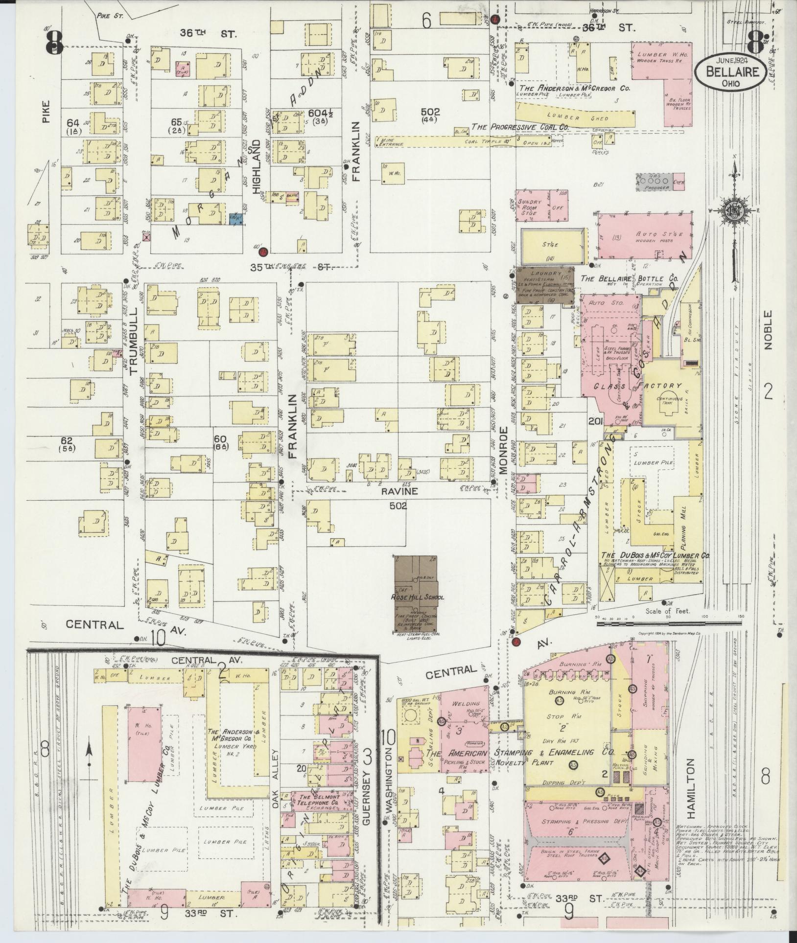 Sanborn Fire Insurance Map from Bellaire, Belmont County, Ohio (1924), Sheet #0008 - Historic Sanborn Fire Insurance Map Print, vintage old map wall art, antique decor, genealogy gift, Ohio Ohio map
