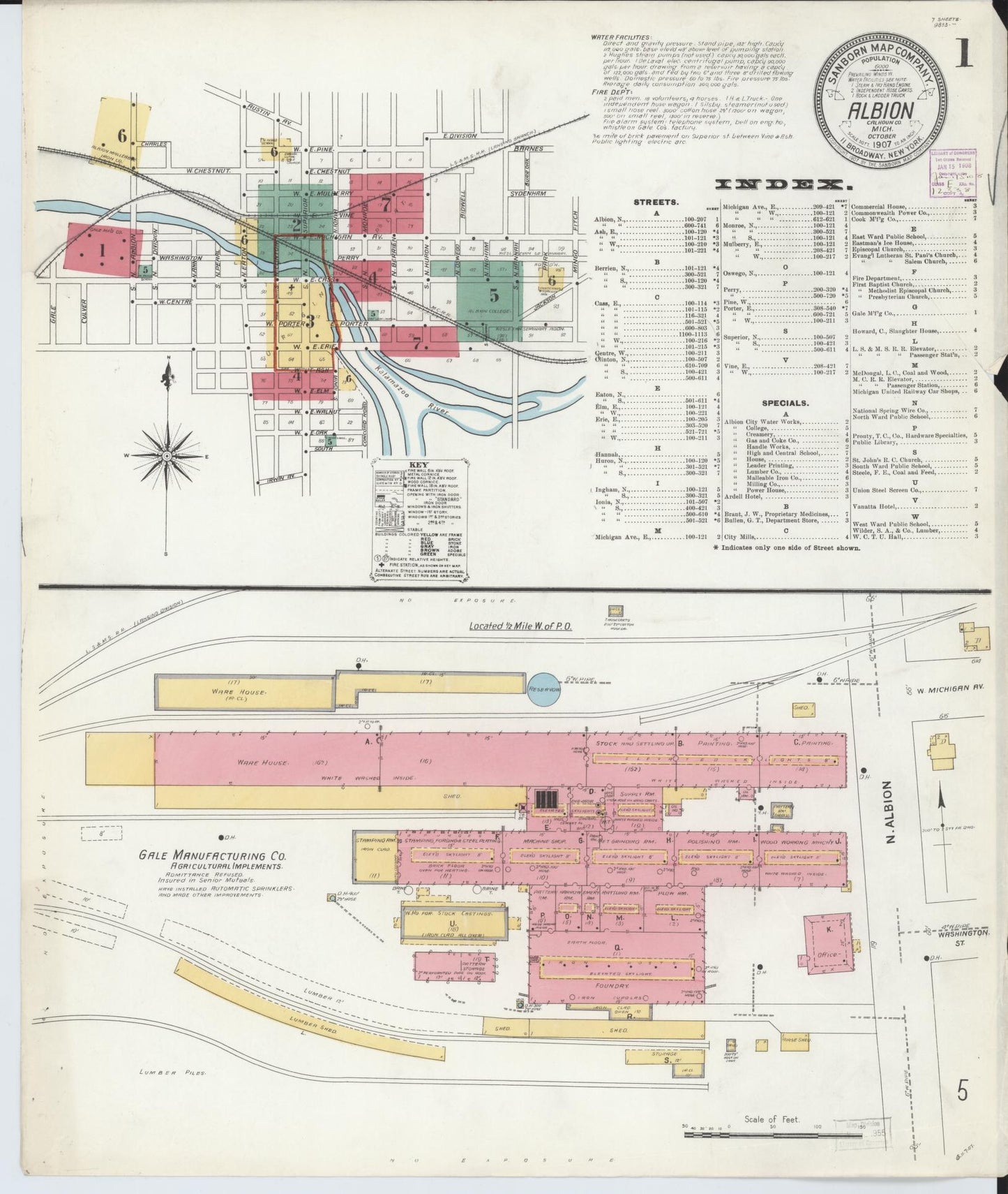 Sanborn Fire Insurance Map from Albion, Calhoun County, Michigan (1907), Sheet #0001 - Complete Map Set gallery image, historic Sanborn map, vintage wall art, Michigan Michigan