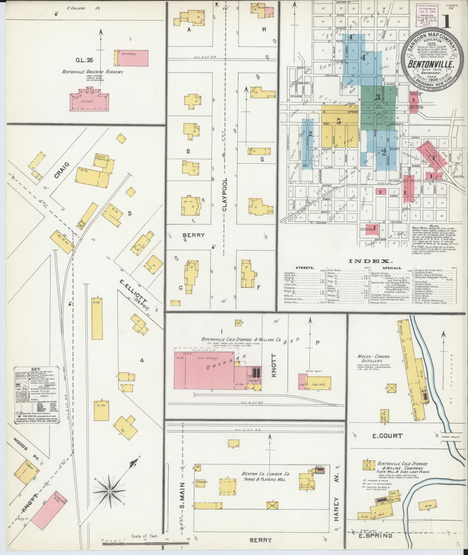 Sanborn Fire Insurance Map from Bentonville, Benton County, Arkansas (1904), Sheet #0001 - Historic Sanborn Fire Insurance Map Print, vintage old map wall art, antique decor, genealogy gift, Arkansas Arkansas map