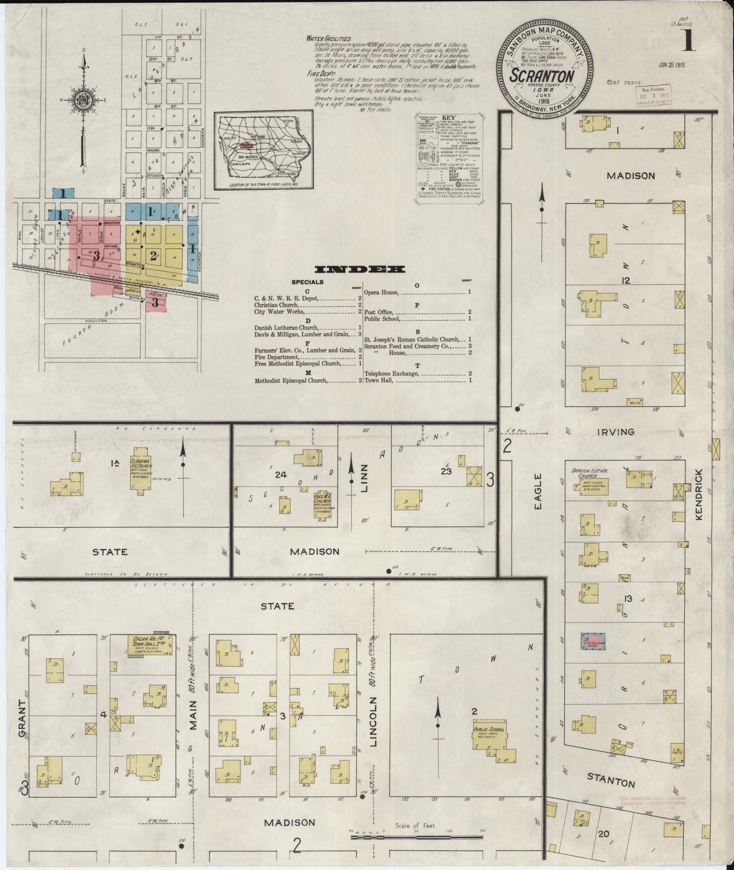 Sanborn Fire Insurance Map from Scranton, Greene County, Iowa (1915), Sheet #0001 - Historic Sanborn Fire Insurance Map Print, vintage old map wall art