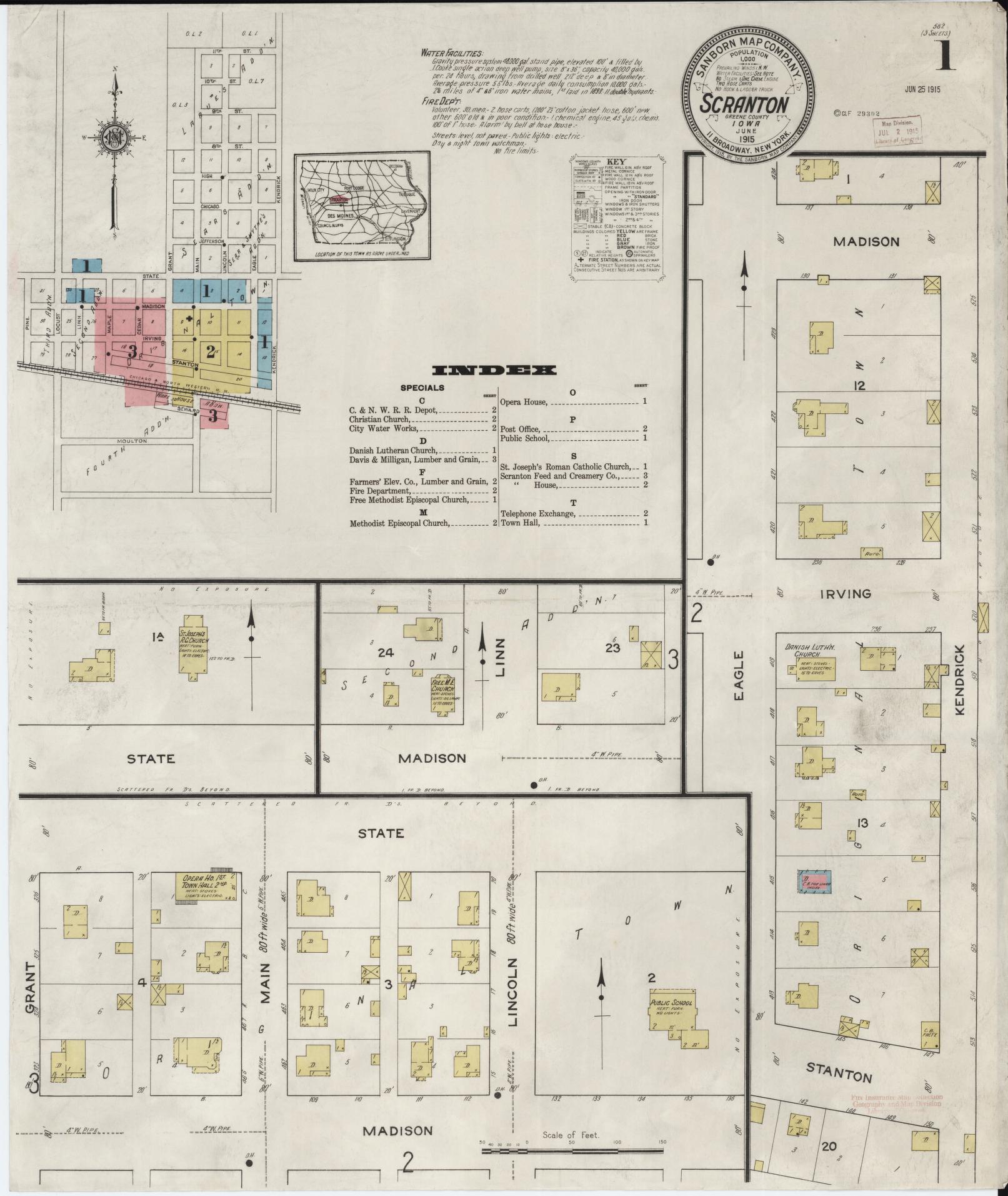 Sanborn Fire Insurance Map from Scranton, Greene County, Iowa (1915), Sheet #0001 - Historic Sanborn Fire Insurance Map Print, vintage old map wall art