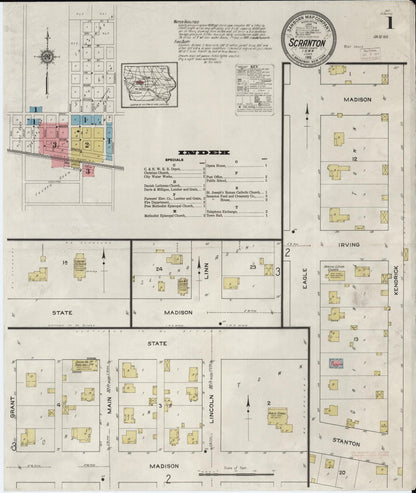 Sanborn Fire Insurance Map from Scranton, Greene County, Iowa (1915), Sheet #0001 - Historic Sanborn Fire Insurance Map Print, vintage old map wall art